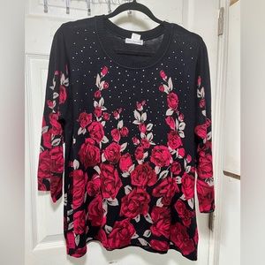 CD Daniels Black/Red/Tan Roses  Women’s Knit Sweater, Scoop Neck Sz 2X